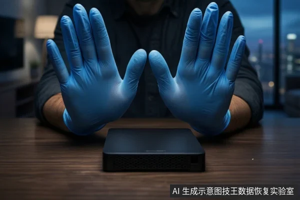深色木桌上平放一个黑色外接硬盘盒,前景一双戴蓝色手套的手掌相对,做出停止手势。背景是模糊的城市夜景窗户。