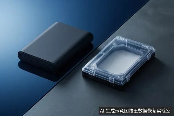 深色桌面上放置一个黑色移动硬盘和一个透明塑料硬盘盒，硬盘盒内部为空，未安装硬盘。