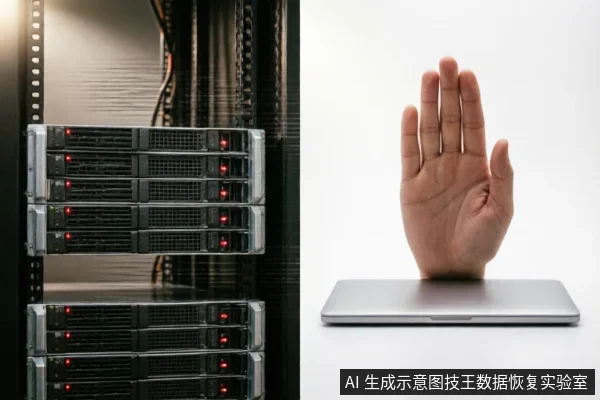 图片左侧为亮着红灯的服务器机架，右侧一只手掌从闭合的笔记本电脑中伸出，做出“停止”的手势。该画面直观地传达了在数据面临风险时，应立即停止写入操作、切断电源或拒绝盲目修复指令的核心警示信息。