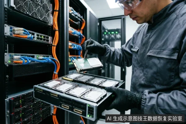一名身穿工装、佩戴护目镜和防静电手套的技术人员,在服务器机房环境中手持一个装满机械硬盘的托盘,正使用工具检查其中一块硬盘。背景可见布满网线和风扇的服务器机柜。
