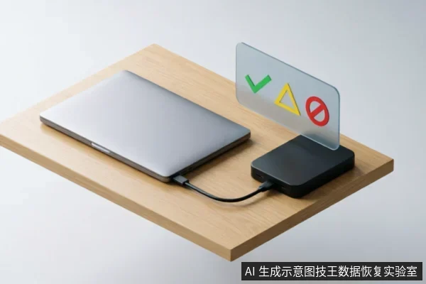 银色笔记本电脑通过数据线连接黑色外接硬盘盒,设备上方悬浮着绿色对勾、黄色三角形和红色禁止符号的透明图标,象征在数据操作前进行状态检测与风险评估。