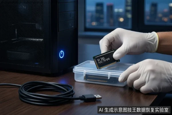 木质桌面上,戴白手套的双手正持握一块M.2固态硬盘,下方透明盒内平放另一块硬盘。左侧竖立一台亮着蓝色电源按钮的黑色塔式主机,前景盘绕着黑色USB数据线,背景为模糊的城市夜景。