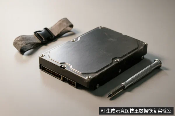 画面展示了一块带有金属加固外壳的硬盘，旁边放置着一条固定绑带和一把十字螺丝刀。物体置于纯色背景上，呈现出待拆解或检测的状态，无屏幕显示内容。