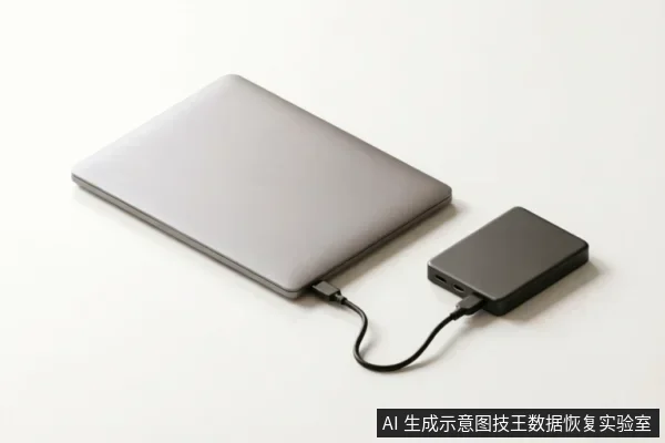 一台银灰色笔记本电脑通过黑色数据线连接着一个黑色的便携式移动硬盘,展示了外部存储设备与主机的物理连接状态。