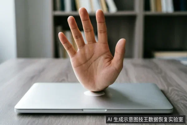 A hand emerging from the closed lid of a silver laptop, palm facing forward in a stop gesture.