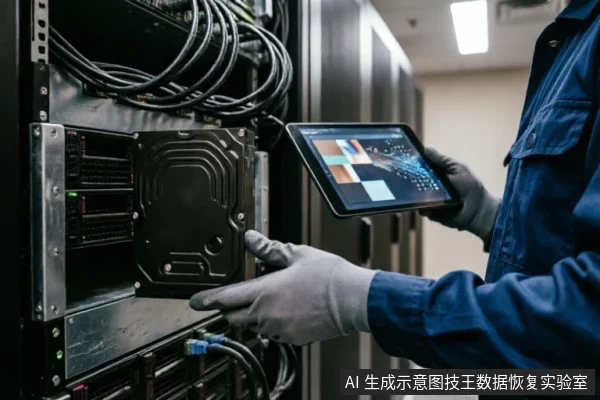 一名身穿蓝色工装、戴灰色手套的技术人员站在服务器机柜前,左手托举显示数据图表的平板电脑,右手指向机柜内安装的硬盘驱动器模块,展示专业环境下的硬件检测与状态监控场景。