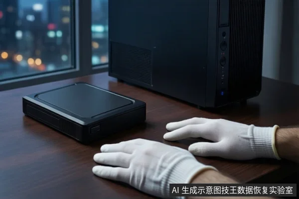木质桌面上,前景一双戴白手套的手平放。左侧平放一个黑色外接硬盘盒,右侧竖立一台黑色塔式主机,正面电源按钮亮蓝光。背景为模糊的窗户和城市夜景。