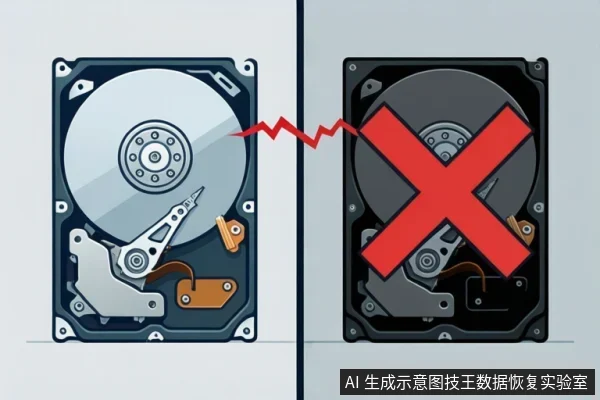 画面左右并列展示两个机械硬盘内部结构。左侧硬盘呈正常状态,右侧硬盘被一个巨大的红色叉号覆盖,中间有红色闪电符号连接,示意故障或禁止操作。