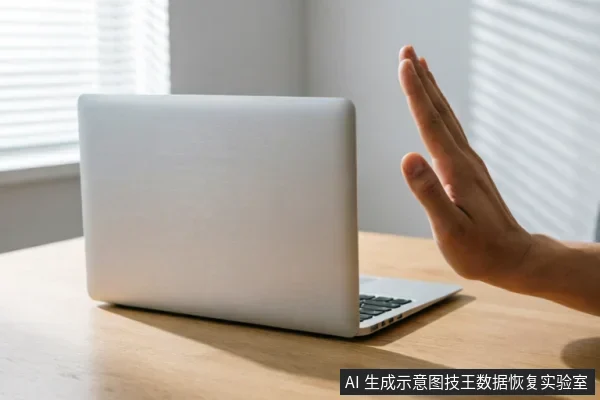 一只手掌在木质桌面上做出停止的手势,面对一台打开的银色笔记本电脑,示意暂停操作或拒绝使用。