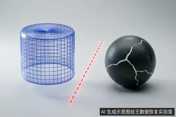 画面左侧为一个蓝色线框圆柱体，右侧是一个表面布满白色裂纹的黑色球体，中间有一条红色虚线将两者隔开。该图通过隔离与破损的意象，示意在数据恢复中应停止操作以保护原始介质，防止故障进一步恶化。