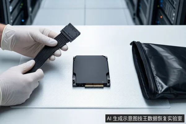 白色防静电垫上平放一块黑色固态硬盘，前景一双戴白手套的手持握一根黑色SATA数据线，右侧放置一个黑色防静电袋，背景为模糊的服务器机柜。