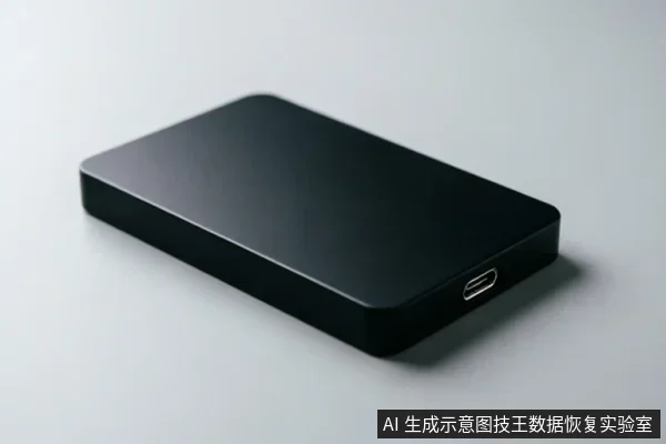一张黑色长方形移动硬盘的侧面特写,展示了光滑的金属外壳与USB Type-C接口。设备置于纯净的灰白背景上,无文字或屏幕显示,主体完整清晰,符合数据恢复指南中关于存储设备的通用示意需求。