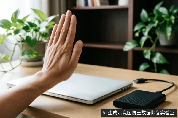 一只手掌在银色笔记本电脑前做出明显的“停止”手势，示意拒绝操作。电脑旁连接着一个黑色的外接硬盘盒及数据线，背景为模糊的绿植和书架。画面直观传达了在硬盘故障时立即断电、禁止继续读写或尝试修复的紧急止损概念。