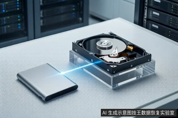 白色防静电工作台上，右侧透明底座上平放一块打开外壳的机械硬盘，左侧平放一块银色移动硬盘，两者之间有蓝色光束连接，背景为模糊的服务器机柜。