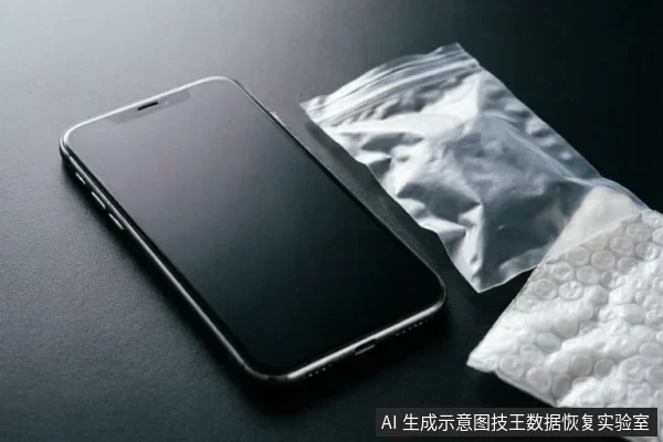 黑色背景上平放着一部屏幕熄灭的智能手机，旁边放置着一个透明塑料自封袋和一块白色气泡缓冲膜。画面展示了手机与包装材料的静物组合，无文字或操作动作。