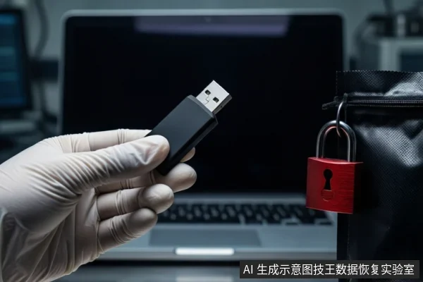 一只戴白色手套的手持握一个黑色U盘，背景有一台笔记本电脑，右侧黑色防震箱上挂着一把红色挂锁。