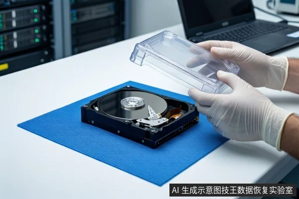 白色桌面上蓝色防静电垫上平放一块打开外壳的机械硬盘，右侧一双戴白色手套的手正持握一个透明防尘箱盖，背景为模糊的服务器机柜和笔记本电脑。
