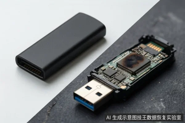 黑色外壳与拆开外壳的U盘电路板并排摆放，可见USB接口、主控芯片、闪存芯片和PCB元件。