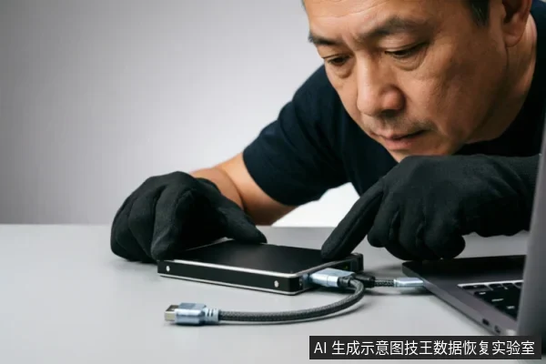 一名戴黑色手套的技术人员正专注检查连接在笔记本电脑上的2.5英寸移动硬盘,使用编织数据线进行物理连接。画面展示了专业数据恢复环境下的硬件检测场景,强调对存储介质的谨慎操作。