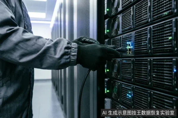 一名身穿防静电服、戴着黑色手套的技术人员,正在数据中心服务器机柜前插拔或检查网络线缆。画面展示了密集的服务器硬件及闪烁的指示灯,体现了专业的硬件维护与物理连接操作环境。