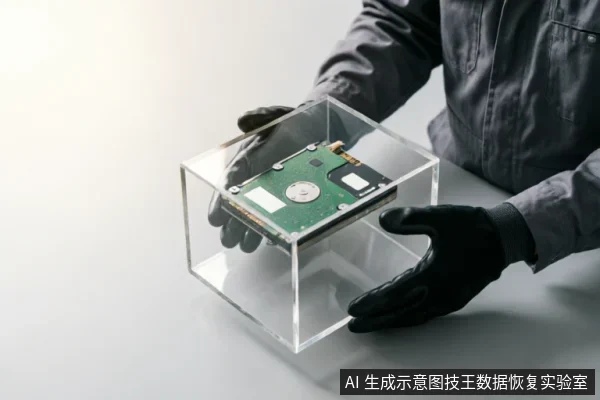 画面中一名戴着黑色防静电手套的技术人员,双手托举着一个透明亚克力展示盒,盒内封装着一块裸露的绿色电路板机械硬盘。背景简洁明亮,突出了对存储介质进行物理隔离和防护的状态,象征着数据恢复中的安全镜像与止损操作。