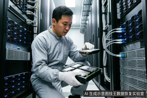 一名身穿灰色防静电服、戴白色手套的技术人员蹲在服务器机房过道中，双手托举着装有机械硬盘的硬盘托架，正在检查硬件状态。