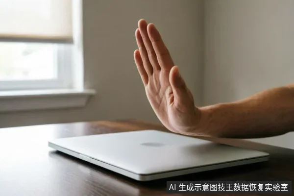 一只手掌在闭合的银色笔记本电脑前做出明确的停止手势,示意拒绝操作。背景为室内桌面与窗户,光线柔和,强调立即停止通电或使用的决断动作。