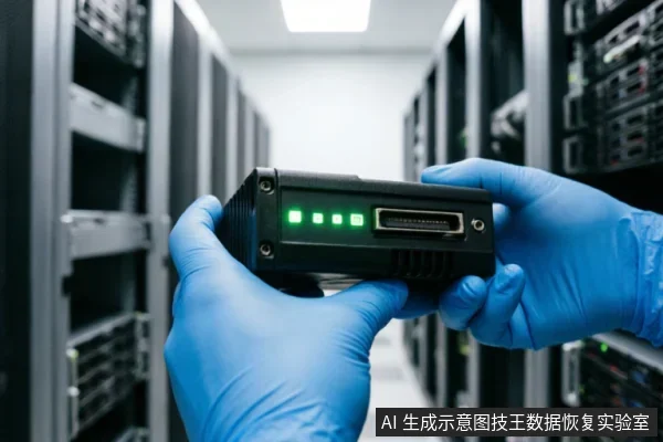 戴着蓝色防静电手套的双手在服务器机房背景中,持有一个带有绿色状态指示灯和接口的黑色硬盘检测盒或转接设备。