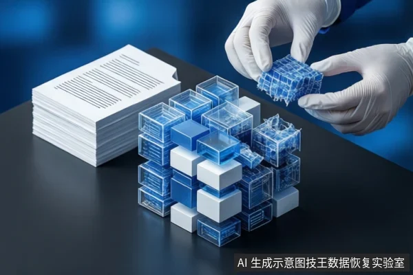 深色桌面上，左侧有一叠白色文档，中间是由蓝色和白色方块组成的抽象数据块结构。右侧一双戴白手套的手正持握一个蓝色透明方块。