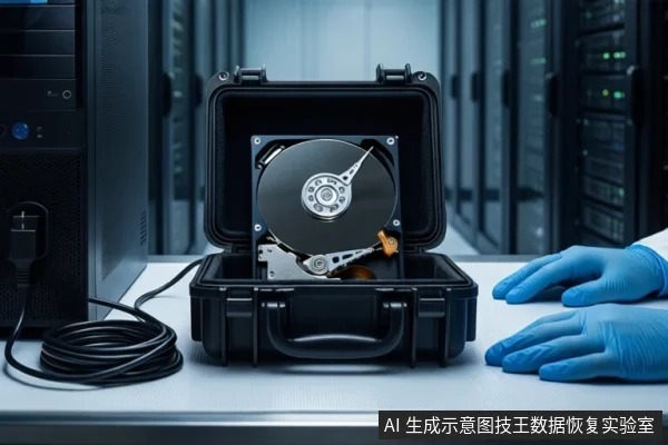 白色桌面上,中间是一个打开的黑色防震箱,箱内放置一块打开外壳的机械硬盘,可见盘片与磁头臂。左侧有一台黑色台式主机和盘绕的黑色线缆。右侧一双戴蓝色手套的手平放在桌面上,背景为模糊的服务器机柜。