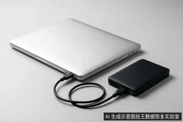 一台银色笔记本电脑通过黑色数据线连接着一个黑色的外接移动硬盘,设备平放在白色背景上,展示了电脑与存储外设的连接状态。