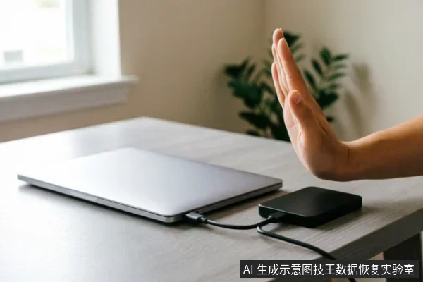 一只手掌伸出做出停止手势,挡在连接着移动硬盘的笔记本电脑前。画面展示了在电脑故障或数据丢失紧急情况下,禁止盲目通电、格式化或继续操作的止损场景,强调保持冷静与克制冲动的重要性。