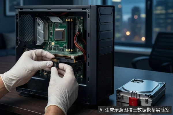 木质桌面上,戴白手套的双手正持握一块M.2固态硬盘,准备插入左侧黑色塔式主机的内部插槽。右侧平放一块打开外壳的机械硬盘,上方挂有红色挂锁。背景为模糊的城市夜景。