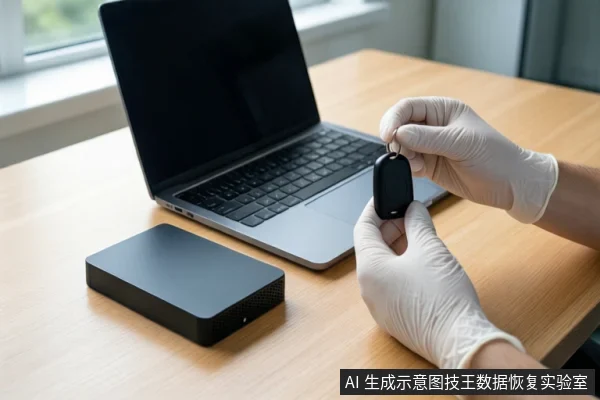 木质桌面上放置一台银色笔记本电脑和一个黑色移动硬盘。右侧一双戴白色手套的手正握持一个黑色U盘,悬停在桌面上方。背景是模糊的窗户。