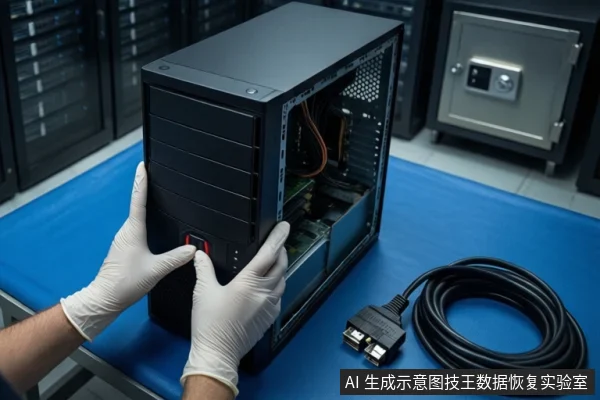 蓝色防静电垫上放置一台侧板打开的黑色台式主机,内部可见主板和线缆。一双戴白色手套的手正握持主机前部,旁边盘绕着一根黑色SATA数据线。背景为模糊的服务器机柜和金属保险柜。