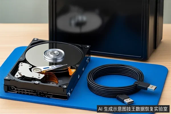 木质桌面上铺着蓝色防静电垫,垫子上平放一块打开外壳的机械硬盘,露出盘片与磁头组件。右侧盘绕着一根黑色USB数据线。背景中竖立着一台黑色塔式主机。