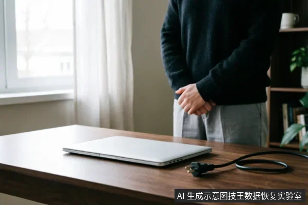 一名身穿深色毛衣的人站在木质桌前,双手交握于腹部,神情凝重地注视着桌上合上的银色笔记本电脑。电脑旁放置着一根未连接的黑色电源线插头,暗示设备处于断电或待检查状态,营造出面对数据故障时的谨慎与焦虑氛围。