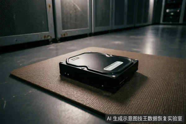一块黑色的机械硬盘静置在棕色纹理防静电垫上,背景为模糊的服务器机柜或数据中心环境。画面聚焦于硬盘主体,未展示任何连接线缆、通电状态或拆解操作,呈现设备待检或隔离保存的状态。
