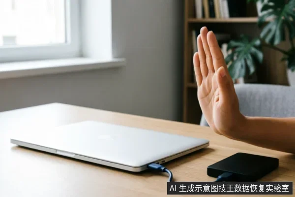 画面展示了一只手在连接着移动硬盘的笔记本电脑前做出“停止”或“拒绝”的手势。背景为居家办公环境,寓意在遇到硬件故障时应立即停止操作,避免盲目尝试导致数据二次损坏。