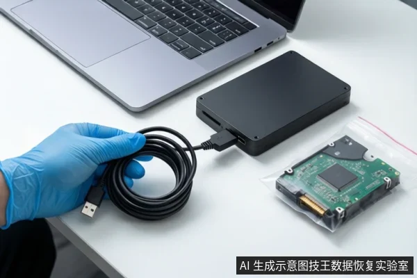 白色桌面上,一只戴蓝色手套的手持握盘绕的黑色USB线缆,旁边平放黑色硬盘盒、装有绿色电路板的透明防静电袋,背景为银色笔记本电脑。