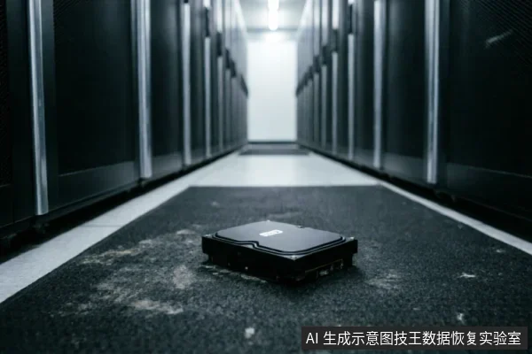 一块黑色机械硬盘被遗弃在数据中心服务器机房的深色地毯上,周围是排列整齐的机柜,环境显得空旷且带有故障后的静止感。