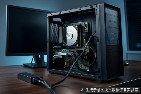 木质桌面上，一台黑色塔式主机侧板打开，内部可见机械硬盘和主板。左侧有一台黑色显示器，前景平放一个黑色外接硬盘盒，连接着黑色数据线。背景为模糊的窗户。