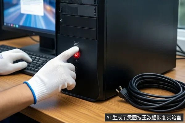 木质桌面上，左侧是一台亮屏的显示器和键盘，中间是一台黑色台式主机。一只戴白色手套的手正按压主机前部发红的电源按钮，右侧盘绕着一根黑色电源线。