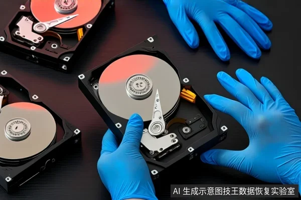 深色桌面上平放三块打开外壳的机械硬盘,可见盘片与磁头臂。一双戴蓝色手套的手正在操作中间一块硬盘,背景为深色桌面。