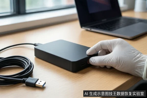 木质桌面上放置一台银色笔记本电脑和一个黑色移动硬盘,左侧有一卷黑色USB线缆。右侧一只戴白色手套的手正按压硬盘侧面的接口区域,背景是模糊的窗户。