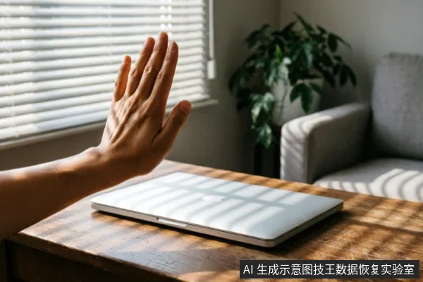 一只手掌在闭合的笔记本电脑前做出停止手势,阳光透过百叶窗在木质桌面和电脑上投下条纹光影,背景为室内绿植与沙发。