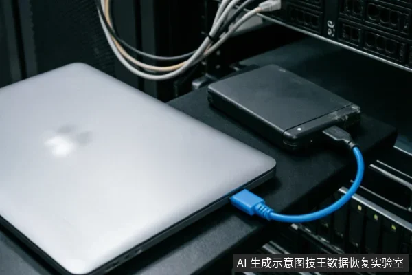 银色笔记本电脑通过蓝色数据线连接黑色移动硬盘,背景为服务器机柜。画面展示了电脑与外部存储设备的物理连接状态,符合数据恢复排查中检查连接链与设备识别环境的场景描述。
