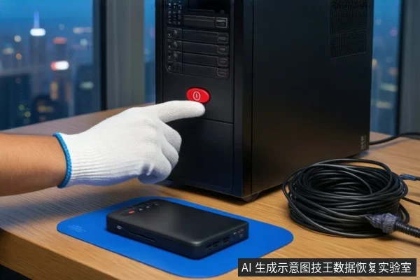 木质桌面上,一只戴白色手套的手正按压黑色台式主机前部的红色电源按钮。主机前方蓝色防静电垫上平放一个黑色移动硬盘,右侧盘绕着一根黑色线缆。背景为模糊的窗户和城市夜景。