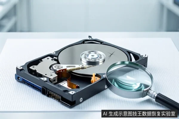 白色桌面上平放一块打开外壳的机械硬盘,露出盘片与磁头组件。右侧一把放大镜悬停在盘片上方,背景为模糊的浅色环境。