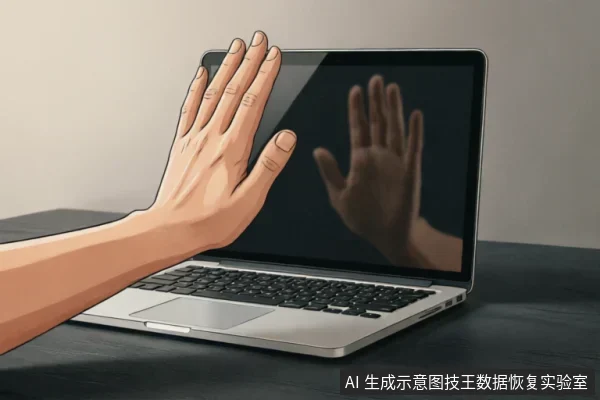 一只人手伸向一台打开的笔记本电脑,手掌张开做出停止或阻挡的手势。电脑屏幕呈黑色,上面映出这只手的倒影,形象地表达了在操作过程中立即停止、切断电源或拒绝继续尝试的概念。